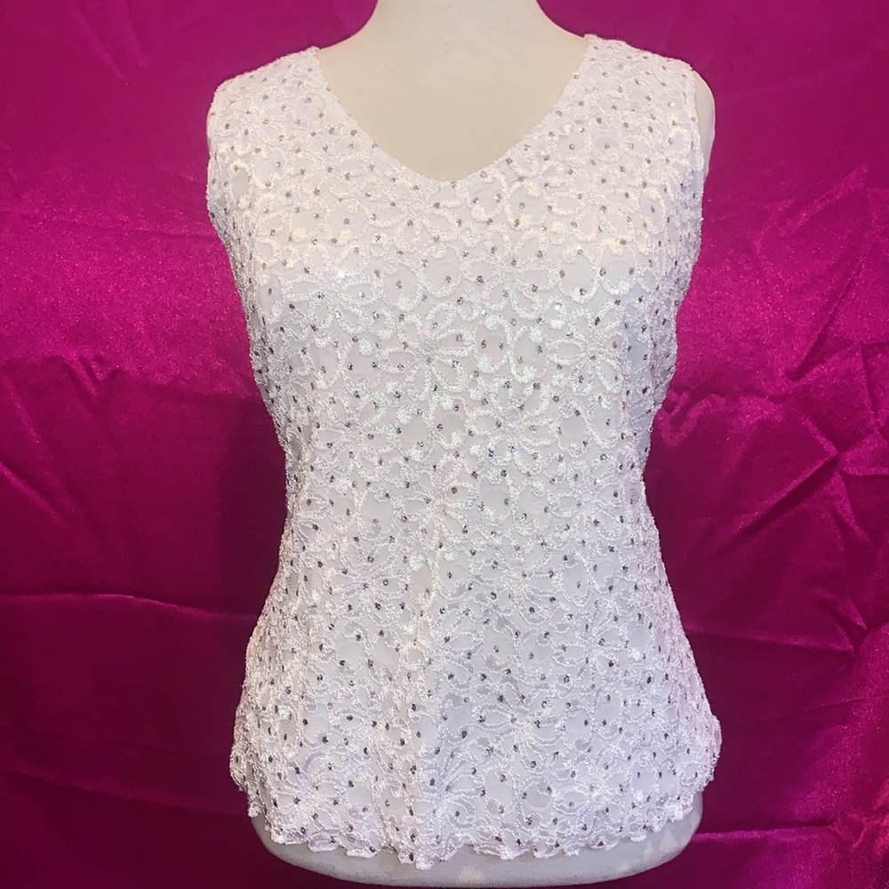 Brittany black white floral sleeveless top with silver sequins size XL